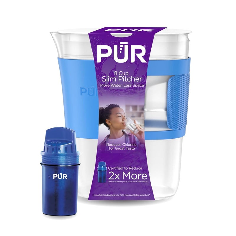 Pur Slim Water Filter Pitcher, 8-Cup Capacity, Compact Design for Dorms & Mini Fridges, Dishwasher Safe, Fast Filtration, Includes 1 Filter, Cleaner Great-Tasting Drinking Water, Blue - Image 1